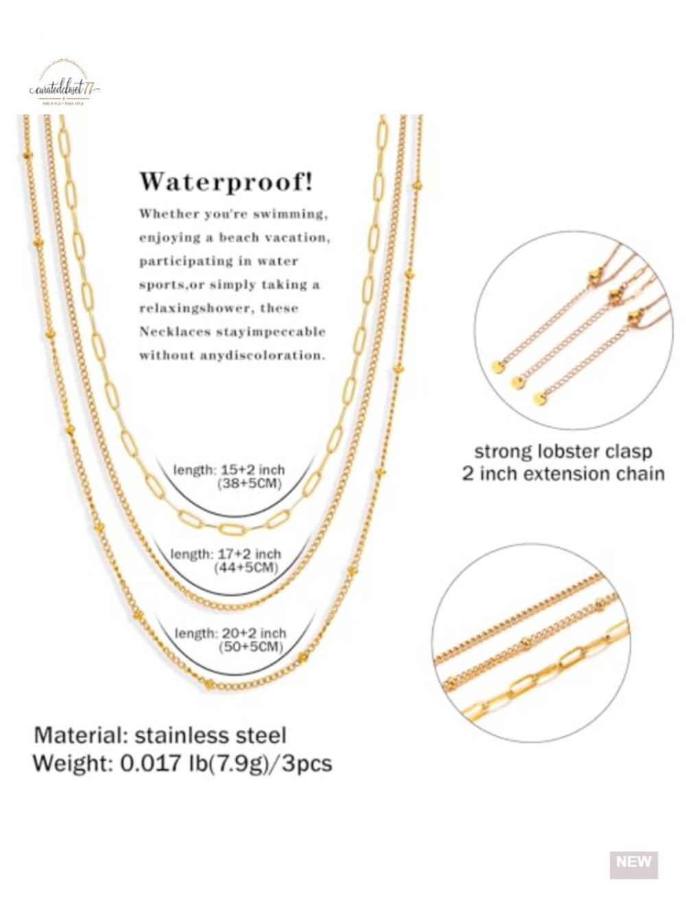 14k Gold Plated Stainless Steel Dainty Stack Thin Chain Necklace Set - Picture 3 of 6